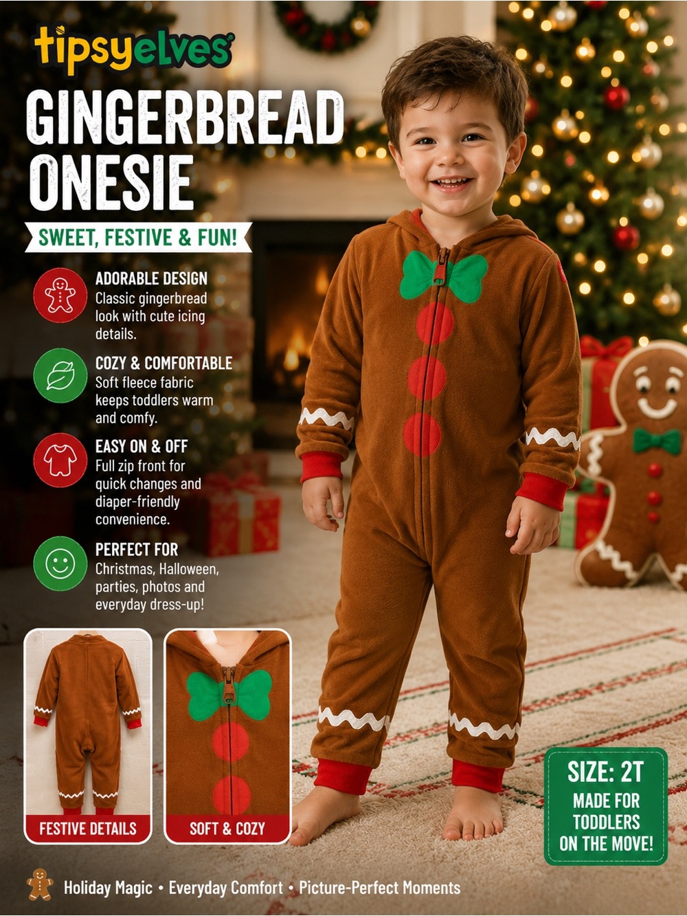 Tipsy Elves Brown Gingerbread Toddler Onesie with Red & Green Trim